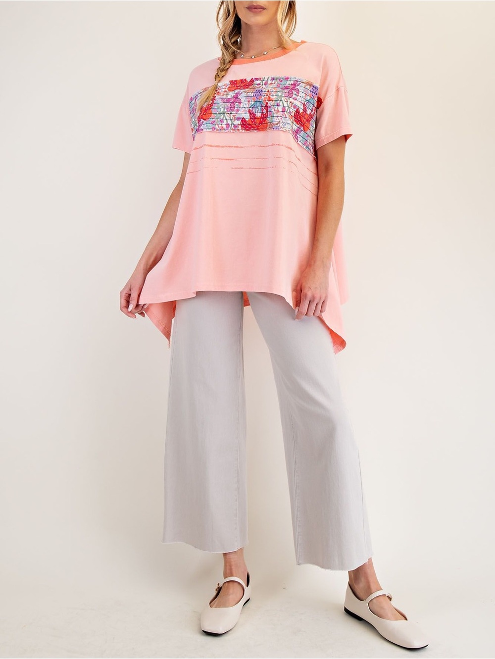 NWT EASEL Bohemian Pink Floral Color Block Asymmetrical Hem Top S M L - Picture 4 of 5